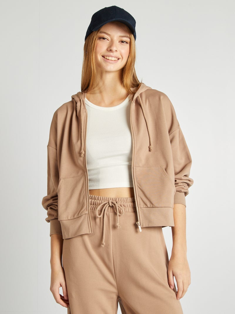 Hoodie van effen joggingstof met rits BIEGE - Kiabi