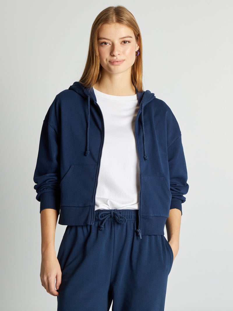Hoodie van effen joggingstof met rits BLAUW - Kiabi