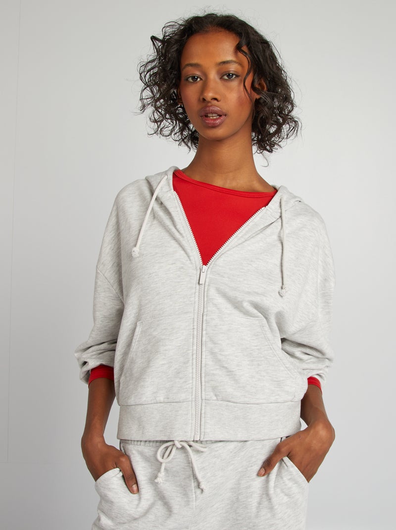 Hoodie van effen joggingstof met rits GRIJS - Kiabi
