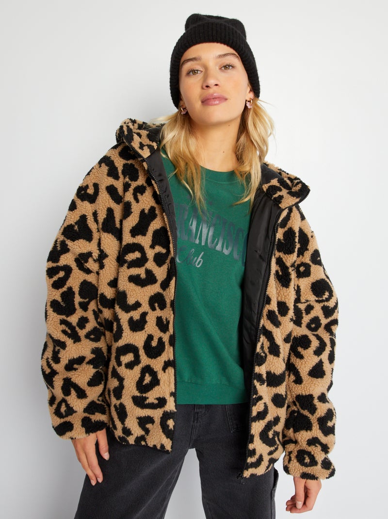 Jack met schapenvacht effect met luipaarprint BRUIN - Kiabi