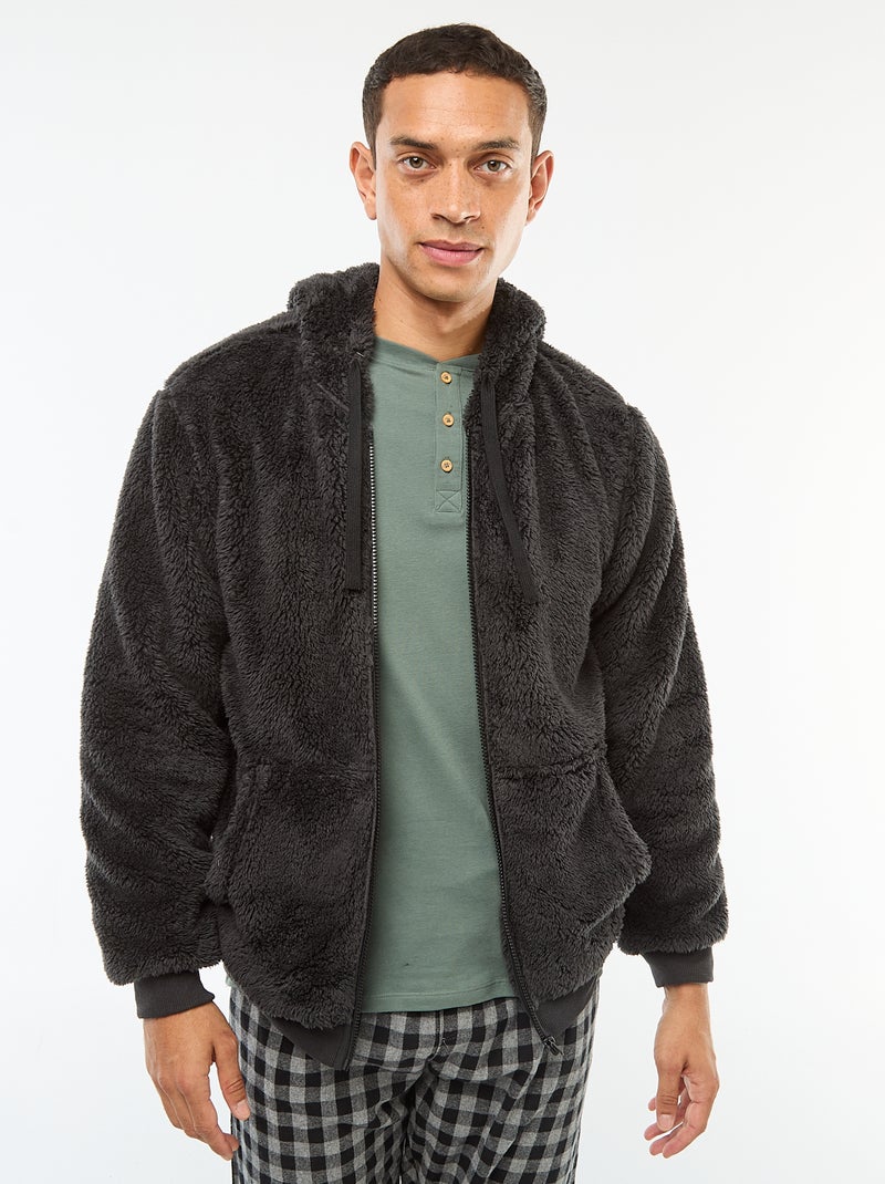 Jasje van badstoftricot met capuchon en rits Zwart - Kiabi