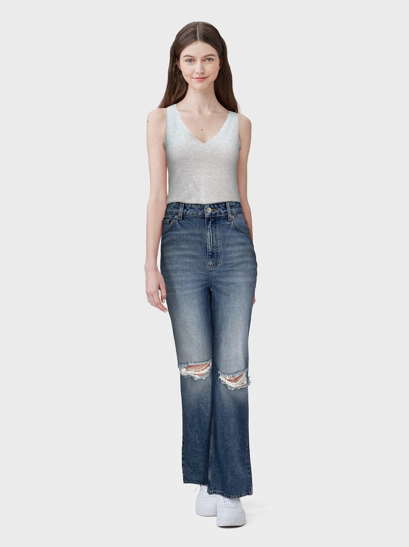 Jeans met wijde pijpen en destroyed effect - 5 zakken BLAUW - Kiabi