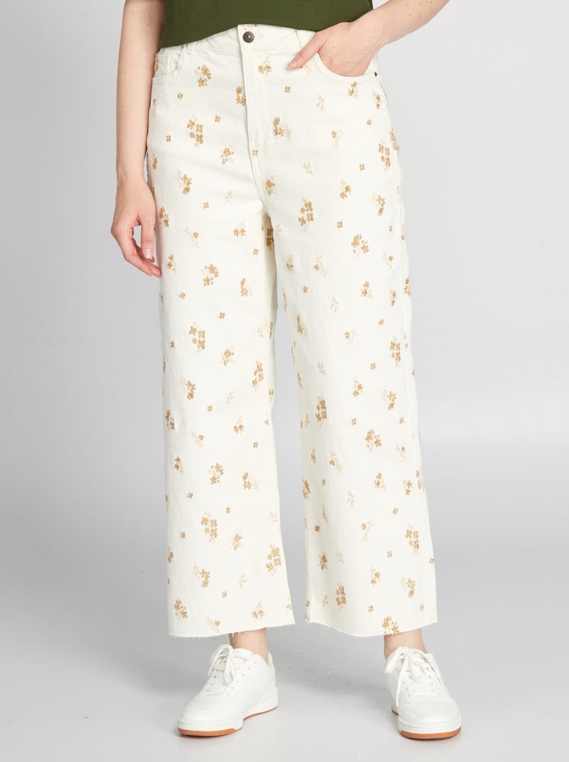 Jeans met wijde pijpen en geborduurde bloemen WIT - Kiabi