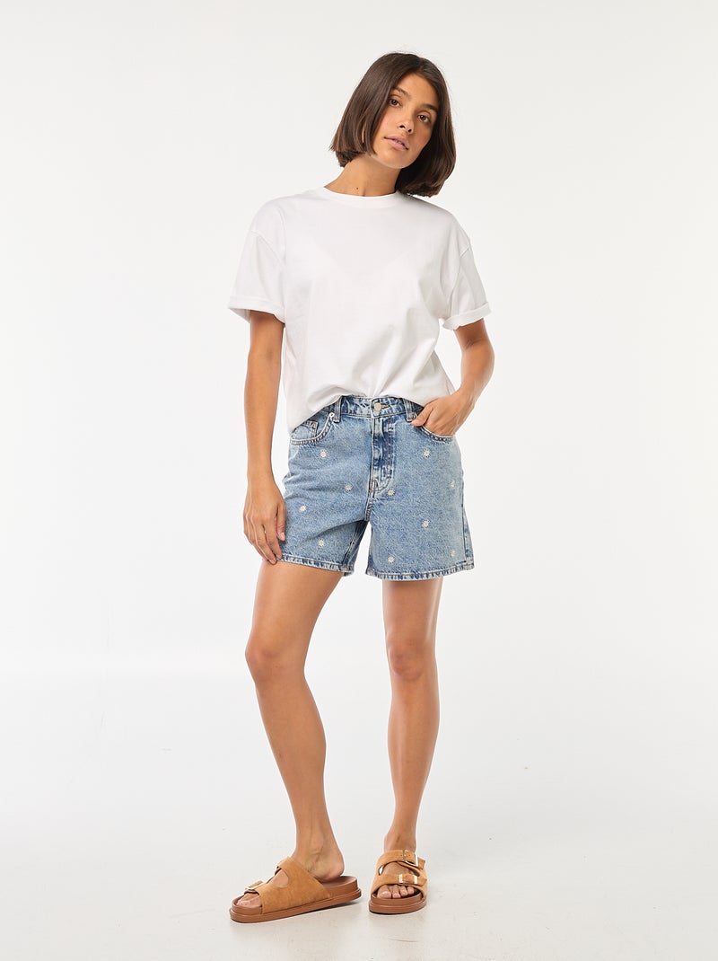Jeansshort met bloemenborduursel Blauw - Kiabi