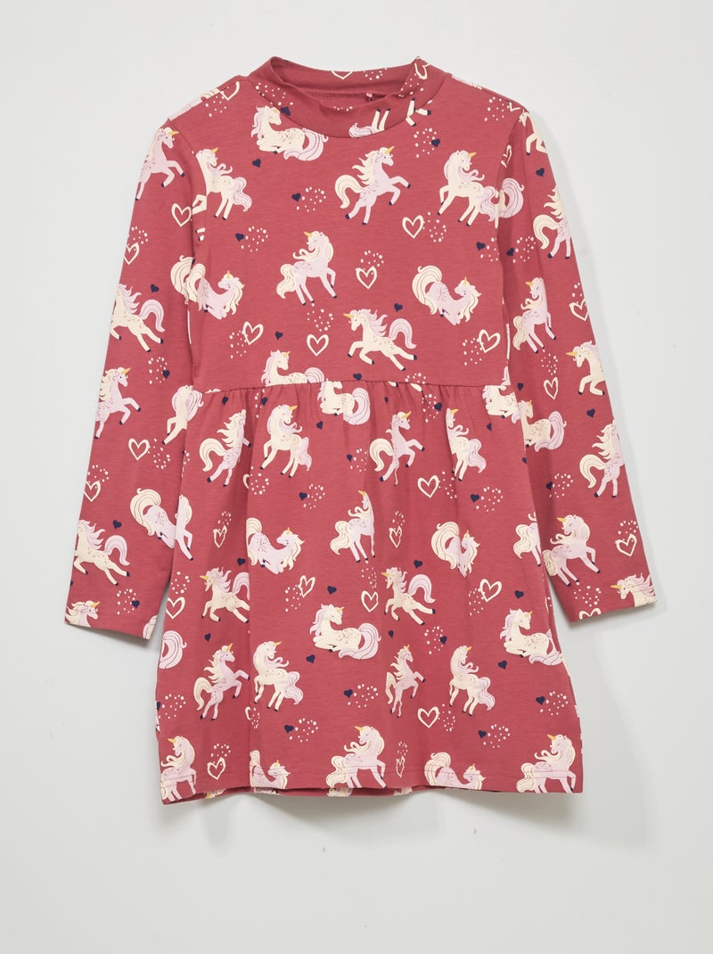 Jersey jurk met lange mouw en eenhoornprint ROOD - Kiabi