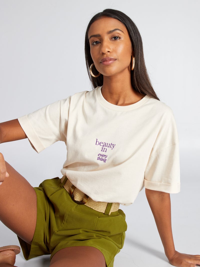 Jersey T-shirt met borduursel BIEGE - Kiabi