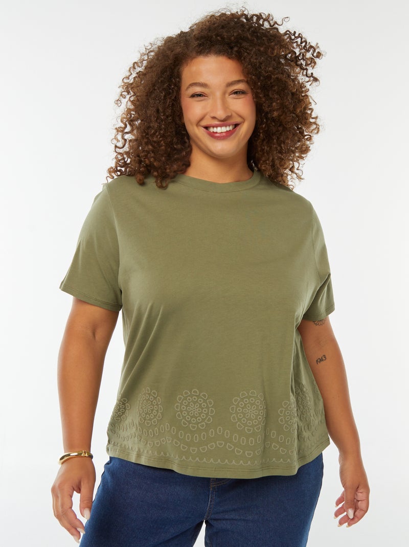 Jersey T-shirt met borduursel Kaki - Kiabi