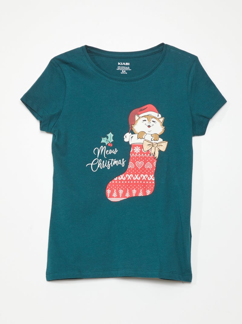 Jersey T-shirt met kerstprint GROEN - Kiabi