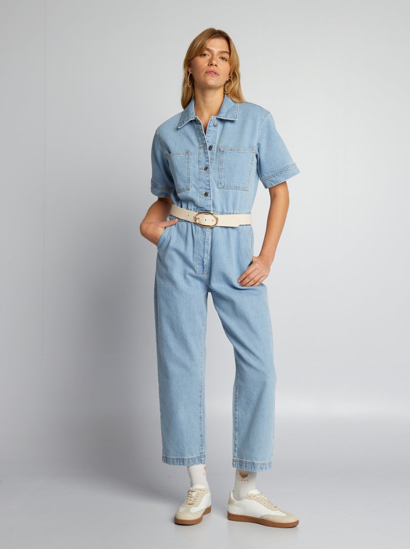Jumpsuit van spijkerstof met korte mouw BLAUW - Kiabi