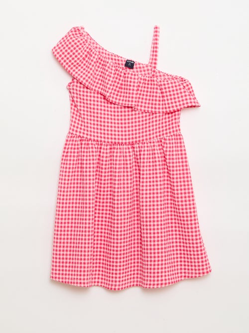 Jurk met asymmetrische volantkraag en Vichy-ruitmotief - Kiabi