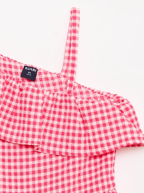 Jurk met asymmetrische volantkraag en Vichy-ruitmotief - Kiabi