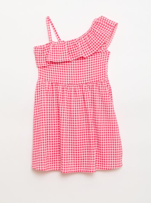 Jurk met asymmetrische volantkraag en Vichy-ruitmotief - Kiabi