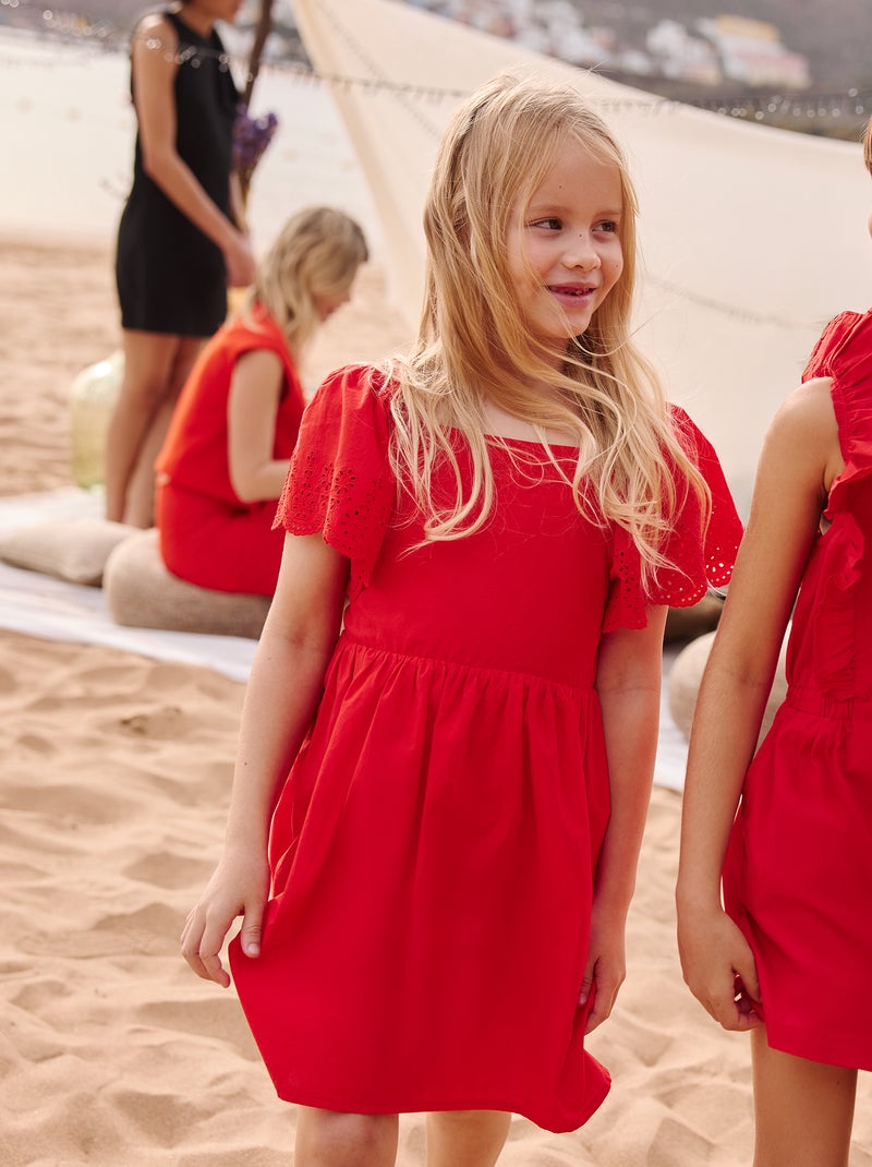 Jurk met korte mouwen en broderie anglaise ROOD - Kiabi