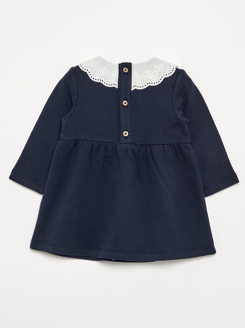 Jurk met lange mouwen van molton met geborduurde Claudine-kraag Blauw - Kiabi