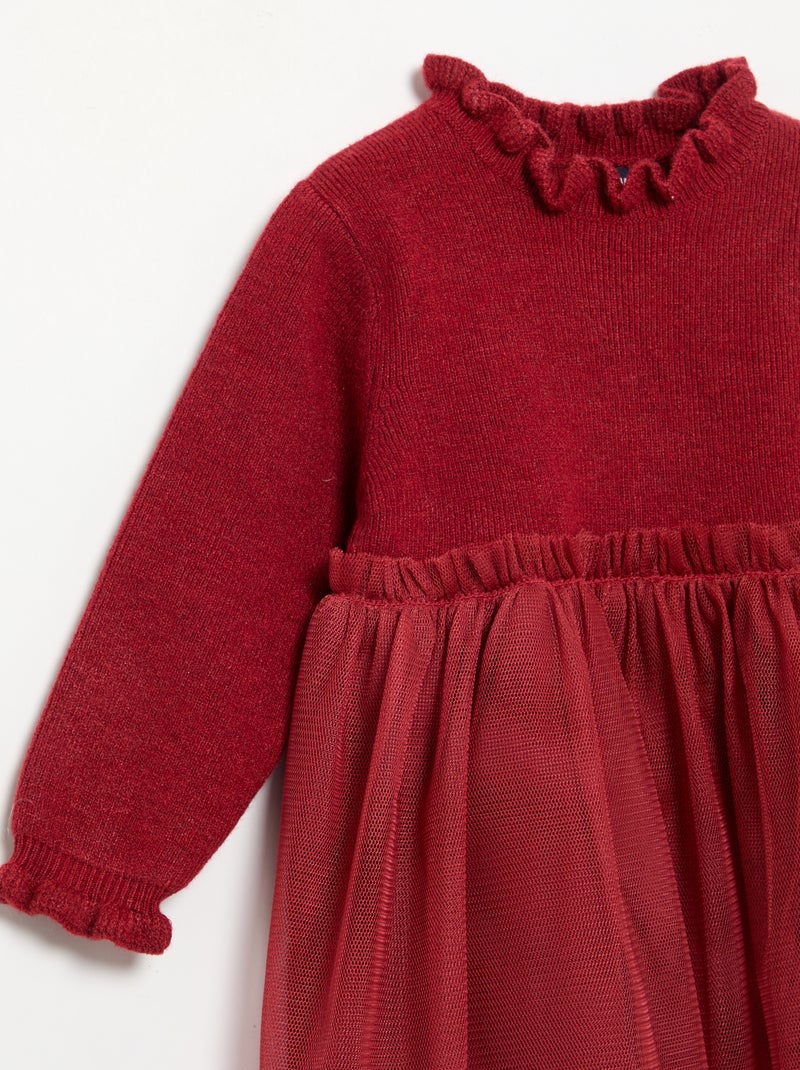 Jurk met lange mouwen van tricot en tule Rood - Kiabi