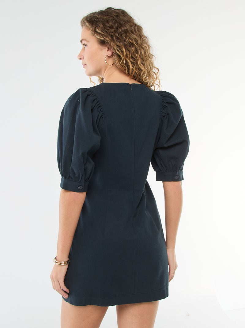 Jurk van katoentwill met pofmouwen Blauw - Kiabi