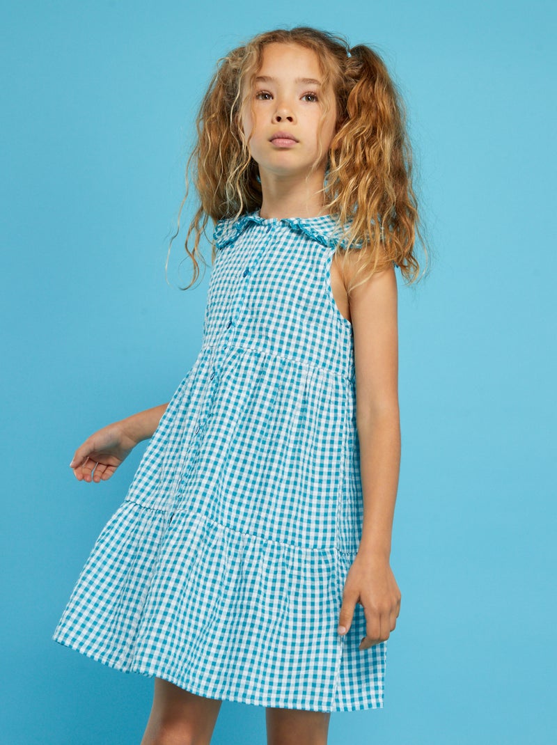 Jurk van seersucker met vichyruitjes BLAUW - Kiabi