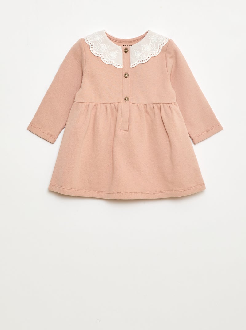 Jurk van sweatstof met kraagje van katoenvoile met borduursel Rose - Kiabi