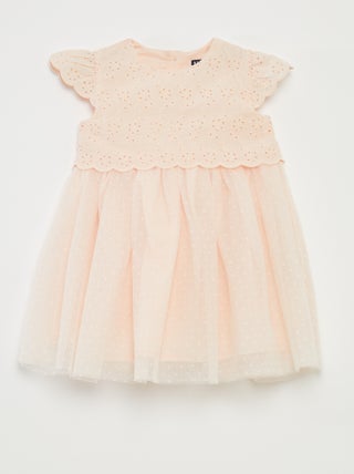 Jurk van tule met korte mouw en broderie anglaise