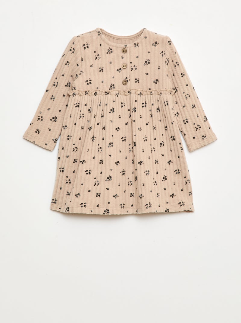 Jurk van zachte ribtricot met knoopjes aan de hals Biege - Kiabi