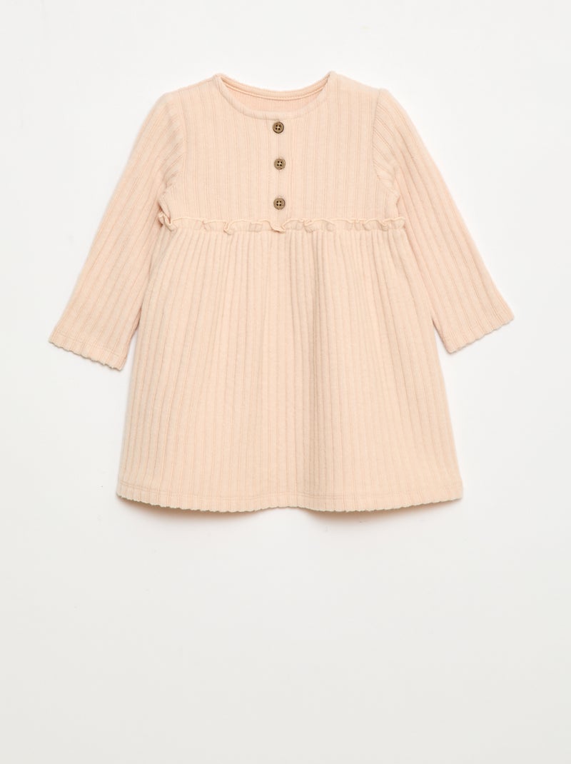 Jurk van zachte ribtricot met knoopjes aan de hals Biege - Kiabi