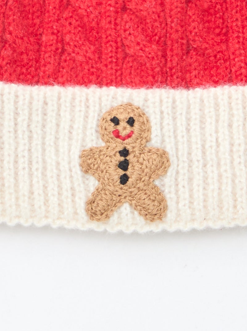 Kabelgebreide muts met ribbelpatroon en pompon Rood - Kiabi