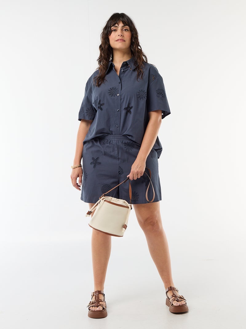 Katoenen blouse met opengewerkte motieven Blauw - Kiabi