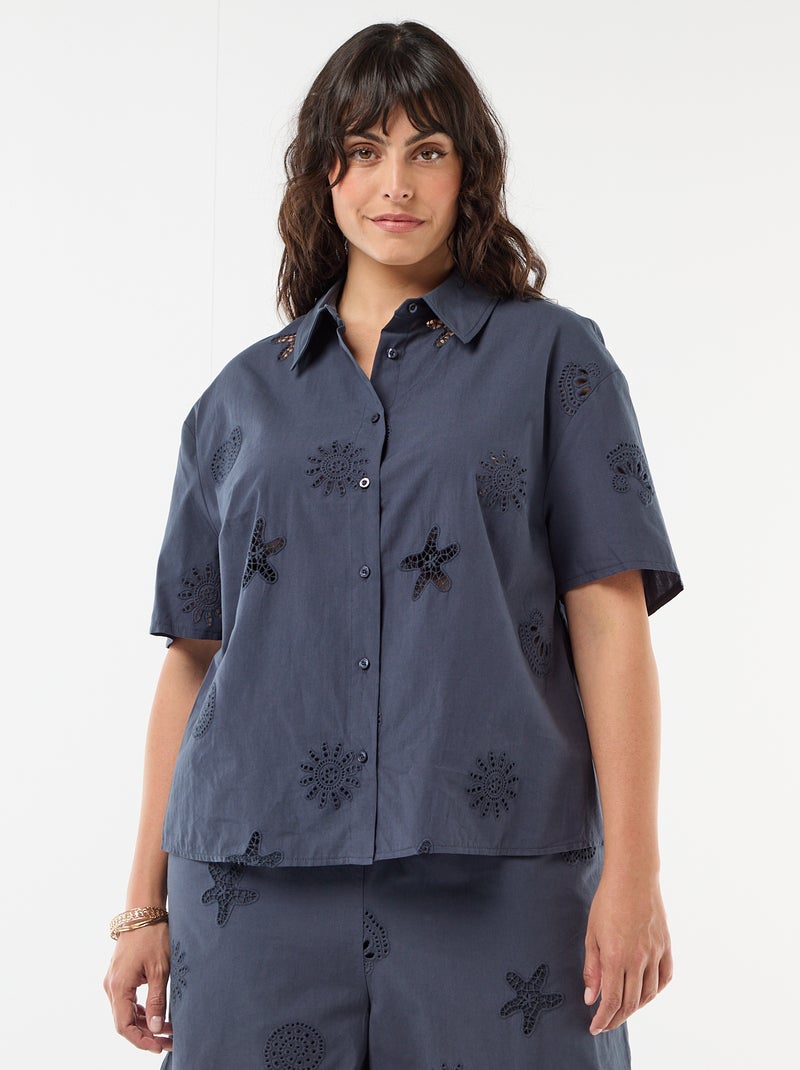 Katoenen blouse met opengewerkte motieven Blauw - Kiabi