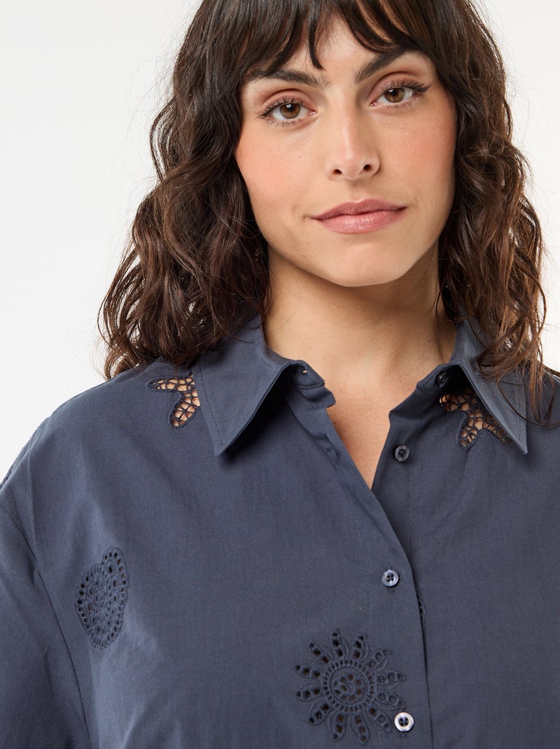 Katoenen blouse met opengewerkte motieven Blauw - Kiabi