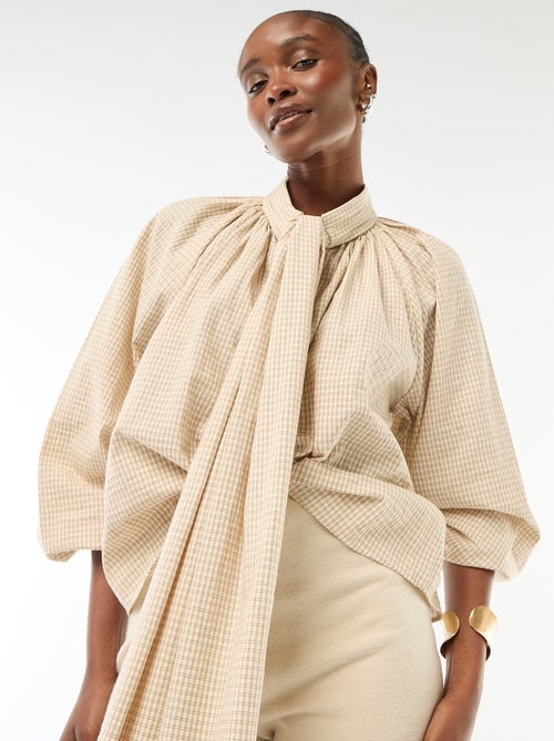 Katoenen blouse met ruitjes en strikkraag - Kiabi