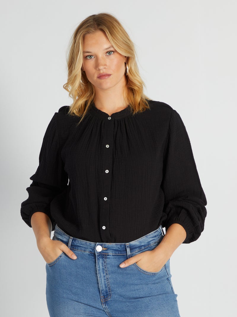 Katoenen blouse met volants aan de hals ZWART - Kiabi