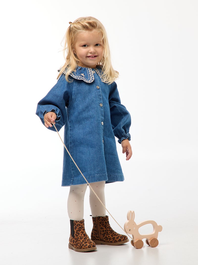 Katoenen jurk met geborduurde kraag Blauw - Kiabi