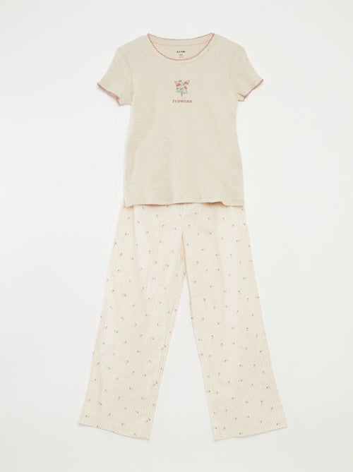 Katoenen pyjama - T-shirt van ribstof + broek van popeline - 2-delig - Kiabi