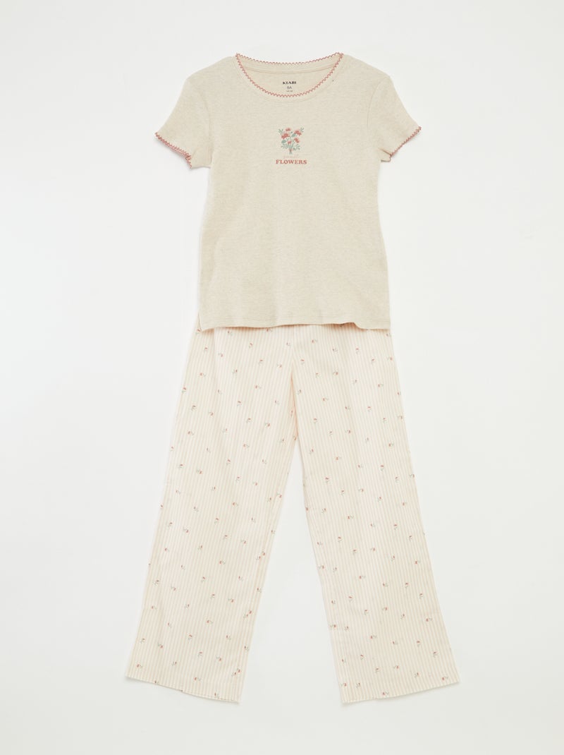 Katoenen pyjama - T-shirt van ribstof + broek van popeline - 2-delig Wit - Kiabi