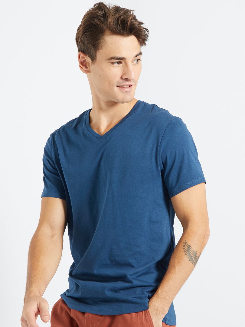 Katoenen, regular-fit T-shirt met V-hals BLAUW - Kiabi