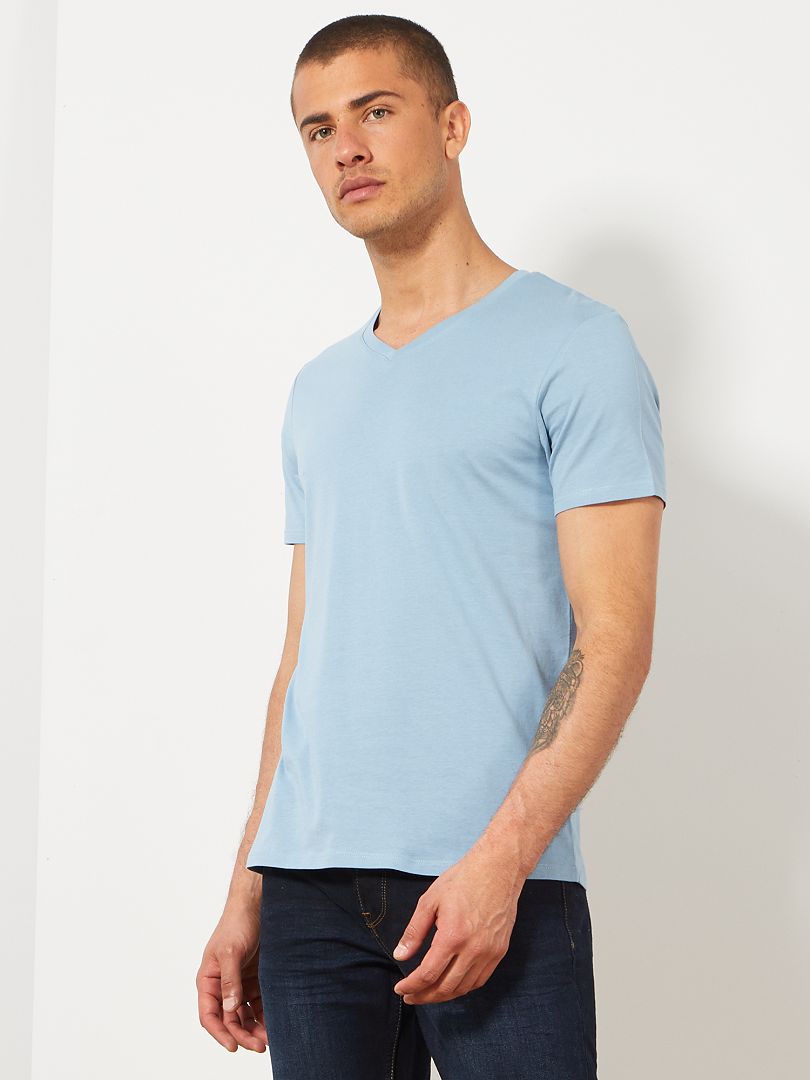 Katoenen, regular-fit T-shirt met V-hals denim blauw - Kiabi