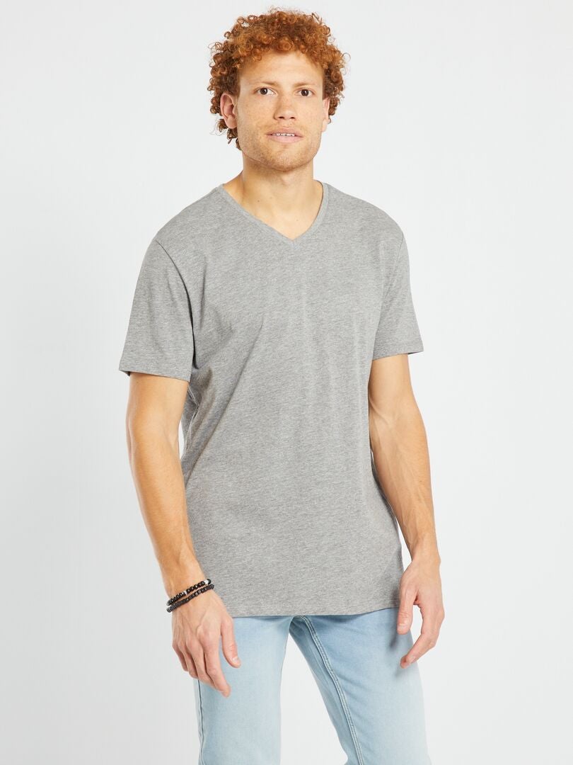 Katoenen, regular-fit T-shirt met V-hals GRIJS - Kiabi
