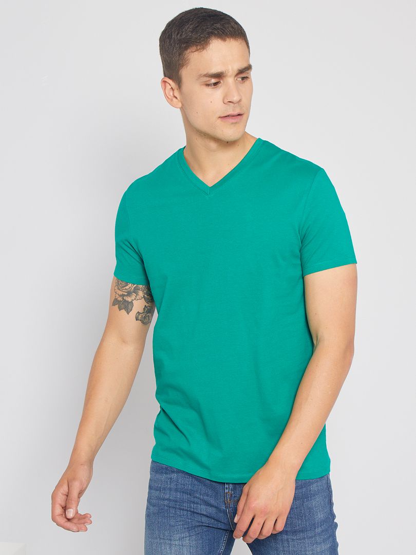 Katoenen, regular-fit T-shirt met V-hals GROEN - Kiabi