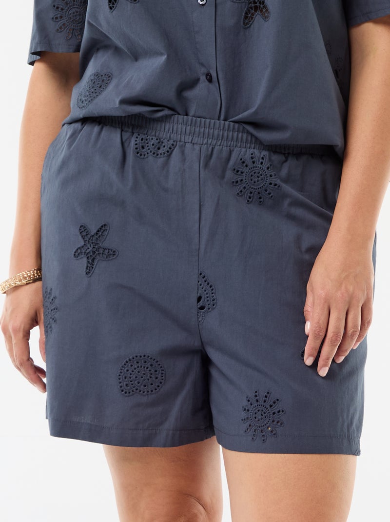 Katoenen short met opengewerkte motieven Blauw - Kiabi