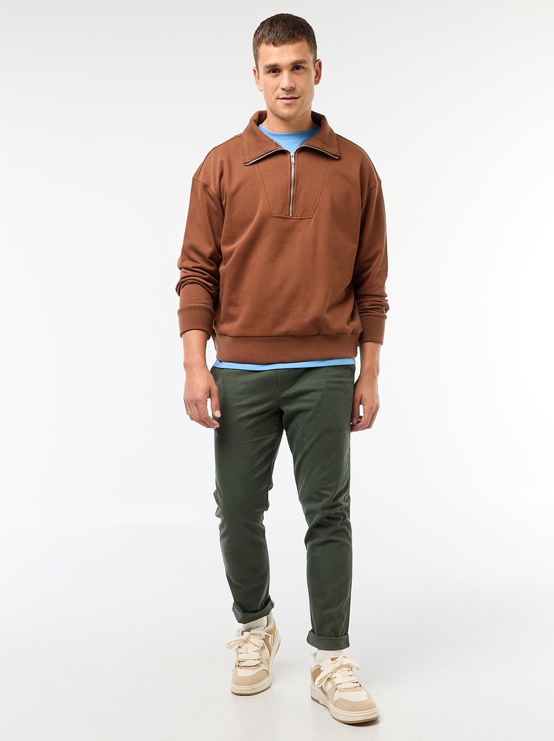 Katoenen sweater met schipperskraag en ritsje Bruin - Kiabi