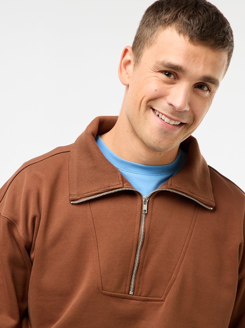 Katoenen sweater met schipperskraag en ritsje Bruin - Kiabi