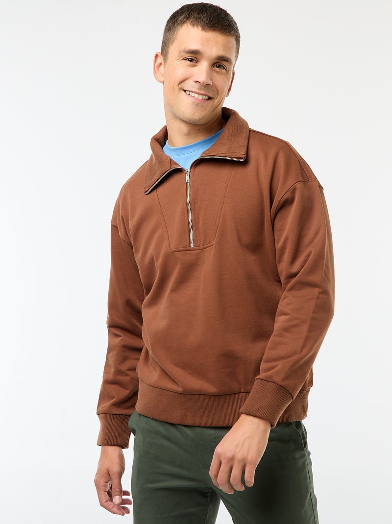 Katoenen sweater met schipperskraag en ritsje Bruin - Kiabi