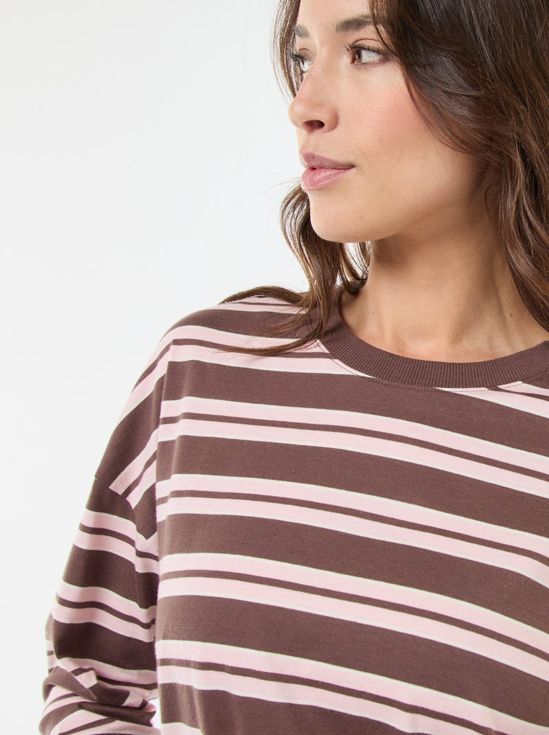 Katoenen T-shirt met driekleurige strepenprint Bruin - Kiabi