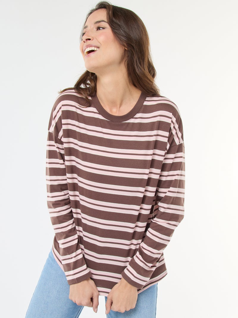 Katoenen T-shirt met driekleurige strepenprint Bruin - Kiabi