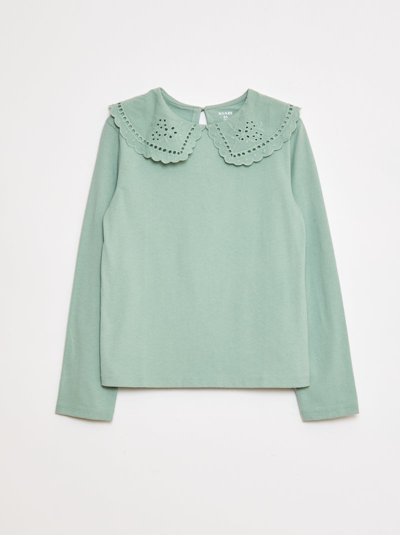 Katoenen T-shirt met geborduurd kraagje Groen - Kiabi
