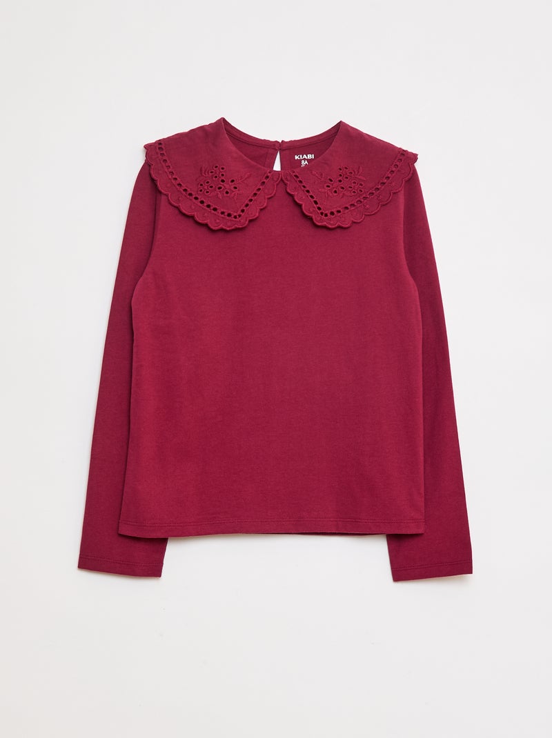 Katoenen T-shirt met geborduurd kraagje rood - Kiabi