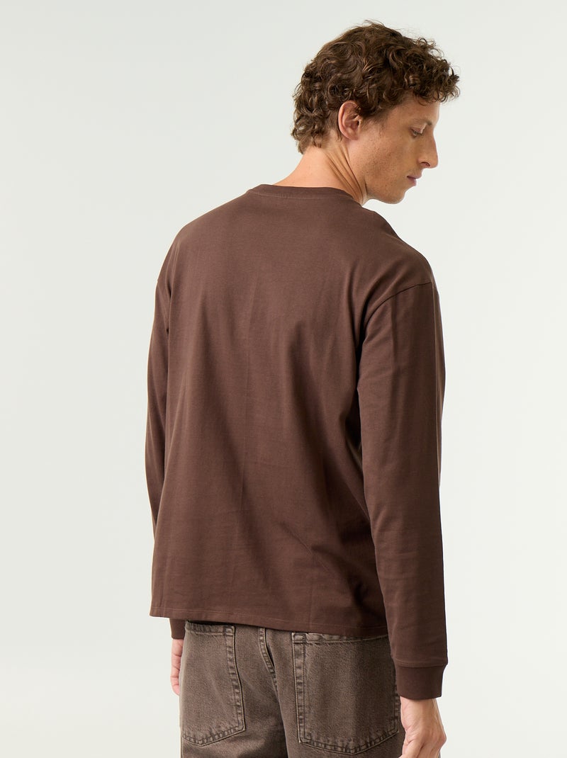 Katoenen T-shirt met lange mouwen en ronde hals Bruin - Kiabi