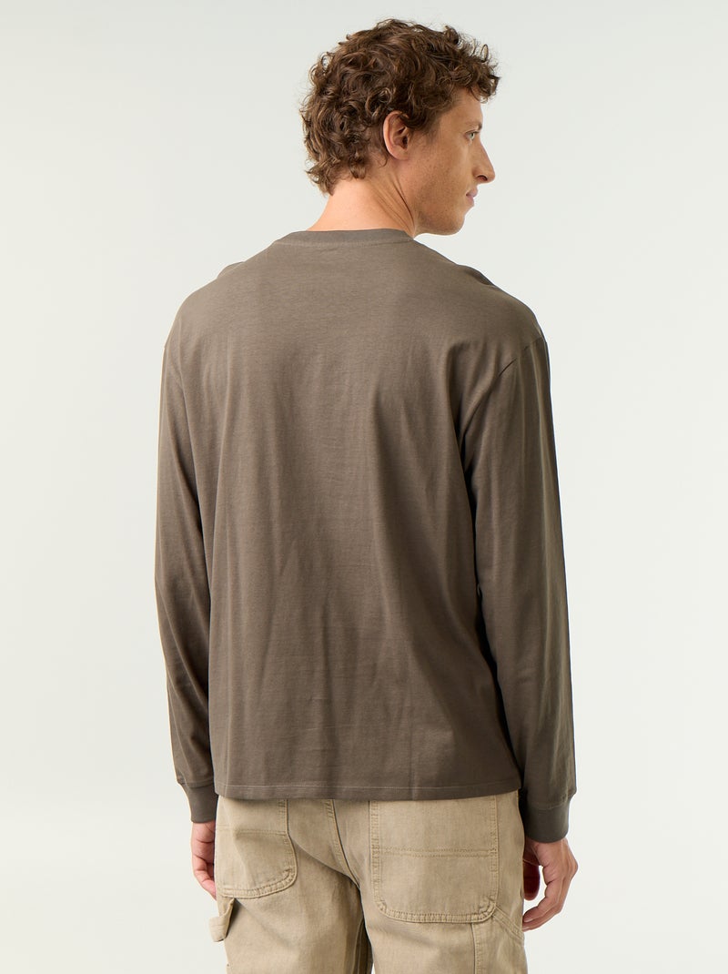 Katoenen T-shirt met lange mouwen en ronde hals Kaki - Kiabi