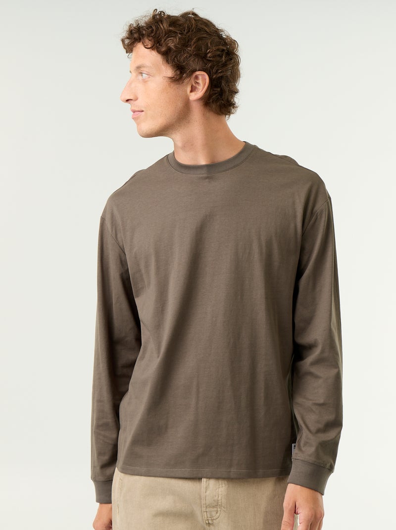 Katoenen T-shirt met lange mouwen en ronde hals Kaki - Kiabi