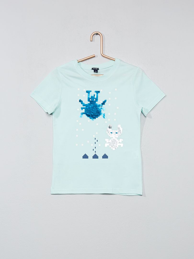 Katoenen T-shirt met omkeerbare lovertjes lichtblauw - Kiabi